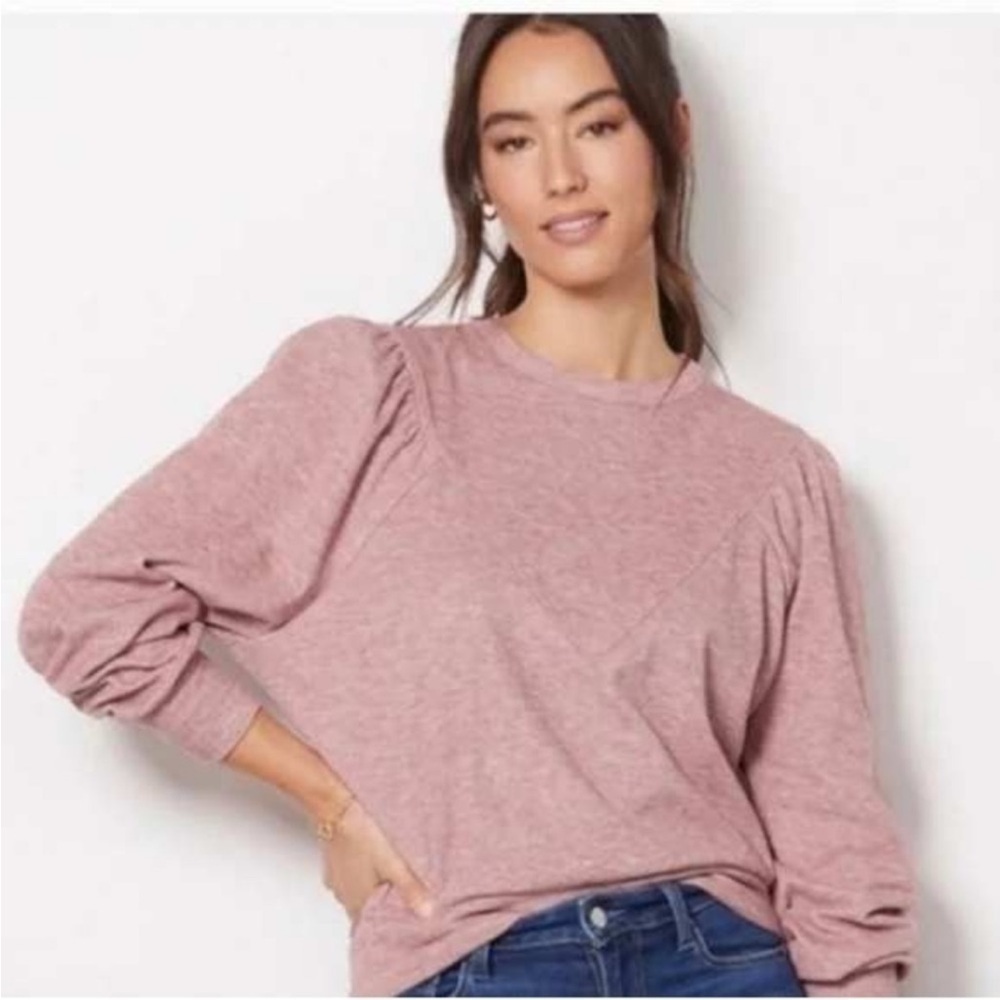 Evereve Kylar pleated sleeve pullover long sleeve sweatshirt rose pink soft - Picture 2 of 16